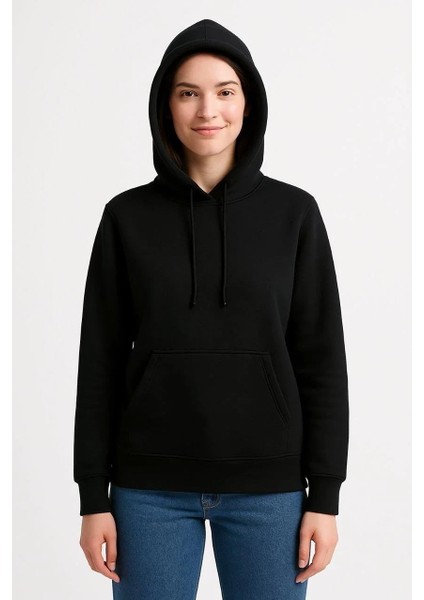 Kadın Üç Iplik Kapüşonlu Kanguru Cepli Sweatshirt Hoodie - Siyah modelleri
