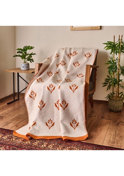 Soft Elias Pamuklu Tv Battaniyesi - Ekru / Turuncu - 130X170 cm