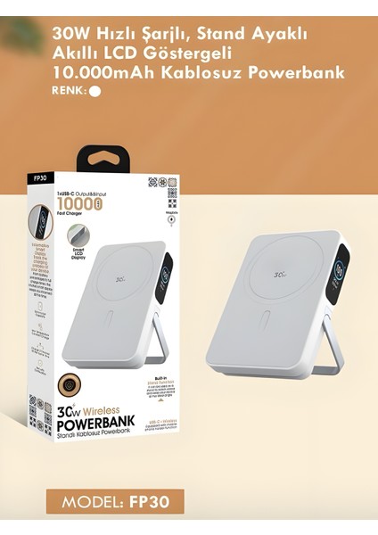 10000MAH 30W Hızlı Şarjlı Dijital Göstergeli Taşınabilir Kablosuz Magsafe Powerbank Beyaz fiyatları