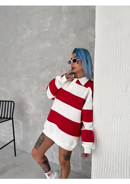 Unisex Üç Iplik Parçalı Yakalı Sweatshirt - Kırmızı indirimleri