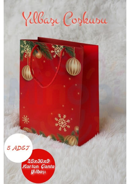 Noel Desenli Hediye Çantası Kırmızı I 5 Adet Yılbaşı Hediye Poşeti 25X30X9 Christmas