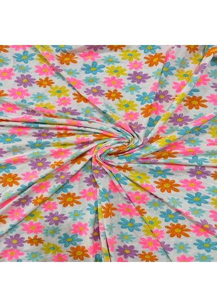 Likralı Bambu Süprem Penye Renkli Papatya Desenli Kumaş
