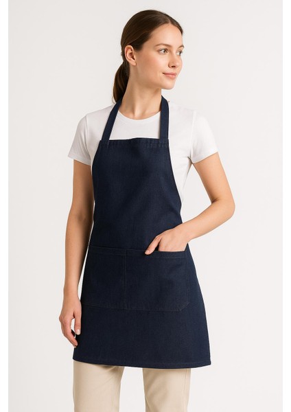 Jean Kumaş Mutfak Aşçı Önlüğü Profesyonel Denim Mutfak Önlüğü Unisex Ortadan Bölmeli Cepli