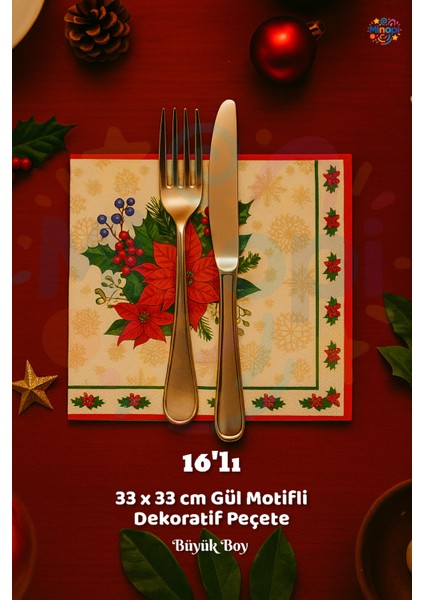 Gül Motifli Peçete Sunumluk I16 Adet Dekoratif Estetik Yılbaşı Parti Konsepti 33X33 cm