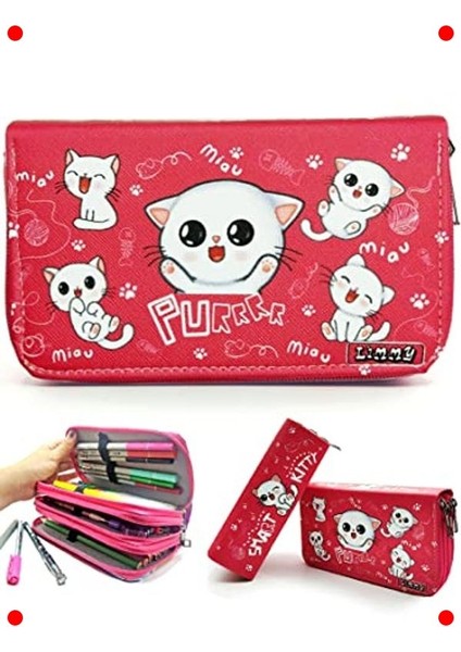 Sevimli Kedi Desenli Kalem Kutusu Üç Bölmeli