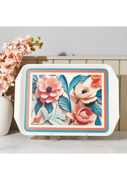 Çiçek Desenli Tepsi - Renkli - 44X30,5 cm