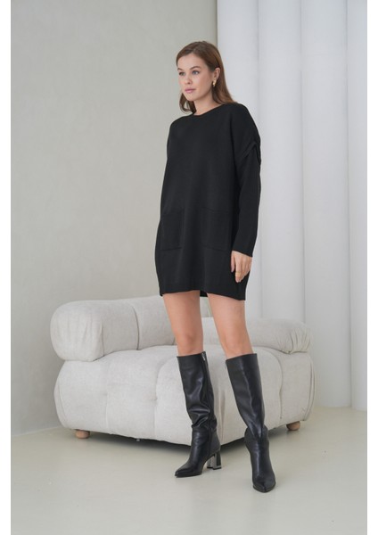 Kadın Kolları Uzun Kendinden Dokulu Bisiklet Yaka Tunik Boy Şık Kışlık Triko Kazak Cepli Elbise