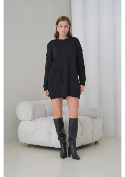 Kadın Kolları Uzun Kendinden Dokulu Bisiklet Yaka Tunik Boy Şık Kışlık Triko Kazak Cepli Elbise fiyatları