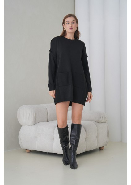 Kadın Kolları Uzun Kendinden Dokulu Bisiklet Yaka Tunik Boy Şık Kışlık Triko Kazak Cepli Elbise modelleri