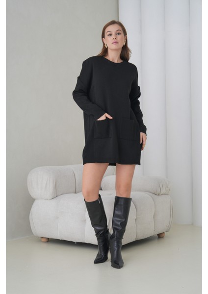 Kadın Kolları Uzun Kendinden Dokulu Bisiklet Yaka Tunik Boy Şık Kışlık Triko Kazak Cepli Elbise fırsatları