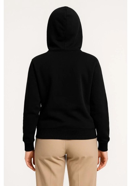 Kadın Üç Iplik Kapüşonlu Tam Fermuarlı Kanguru Çepli Sweatshirt Hoodie - Siyah modelleri