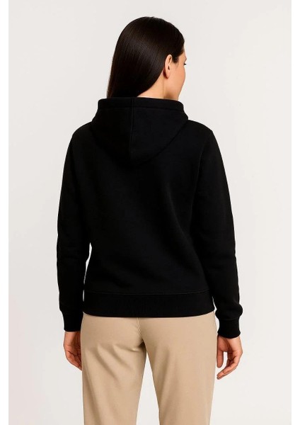 Kadın Üç Iplik Kapüşonlu Tam Fermuarlı Kanguru Çepli Sweatshirt Hoodie - Siyah fırsatları