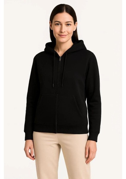 Kadın Üç Iplik Kapüşonlu Tam Fermuarlı Kanguru Çepli Sweatshirt Hoodie - Siyah indirimleri