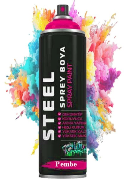 Pembe Sprey Boya 200 ml Hızlı Kuruyan Renkli Profesyonel Ahşap Plastik Demir Metal Cam Porselen
