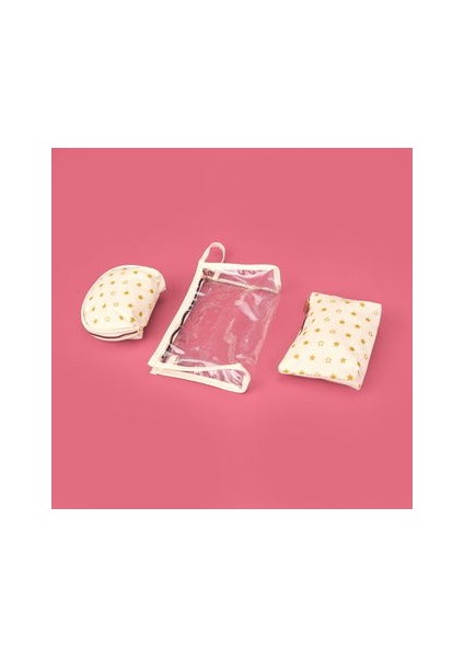 Gold Detaylı 3'lü Pvc Kozmetik Çantası - Beyaz / Altın