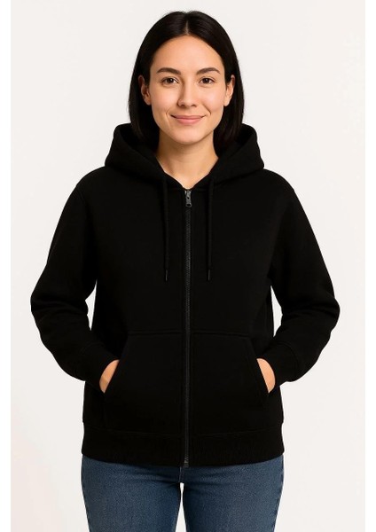 Kadın Üç Iplik Kapüşonlu Tam Fermuarlı Kanguru Çepli Sweatshirt Hoodie - Siyah