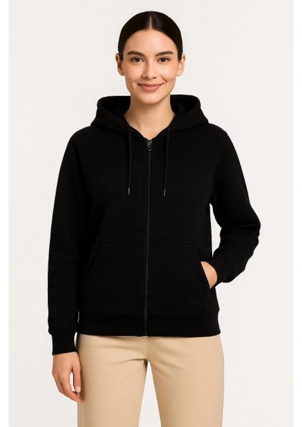 Kadın Üç Iplik Kapüşonlu Tam Fermuarlı Kanguru Çepli Sweatshirt Hoodie - Siyah