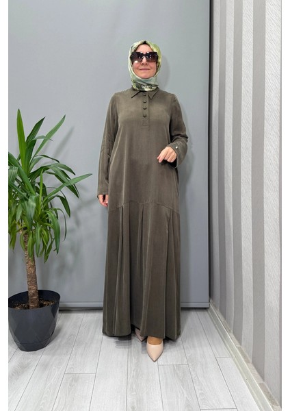 Gömlek Yaka Cupro Elbise Haki T26K-4002