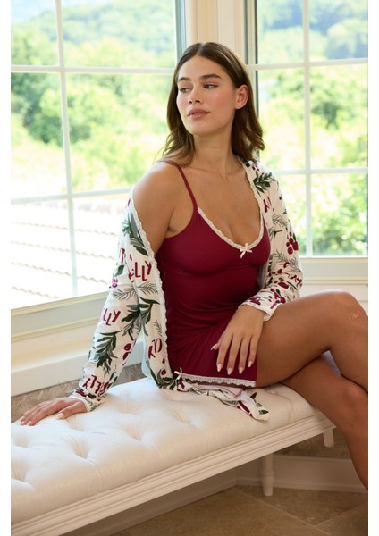 Kadın Dantel Detaylı Askılı Mini Gecelik Sabahlık Takım Yumuşak Dokulu Rahat Ev Giyim