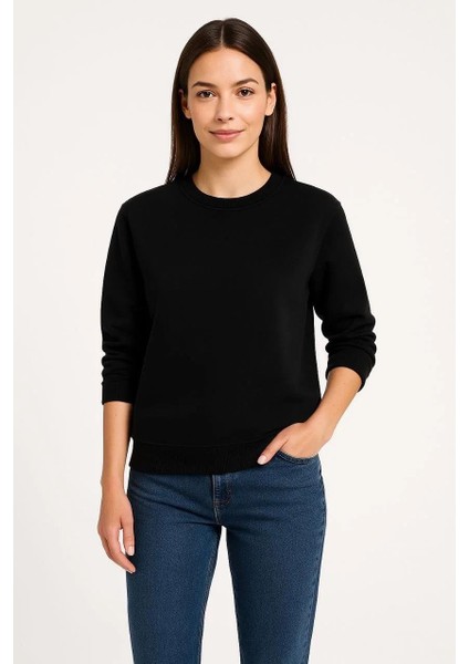 Kadın Üç Iplik Düz Bisiklet Yaka Sweatshirt - Siyah indirimleri