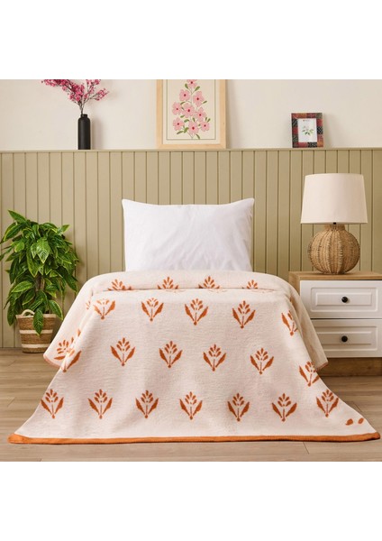 Soft Elias Pamuklu Tek Kişilik Battaniye - Ekru / Turuncu - 150X200 cm