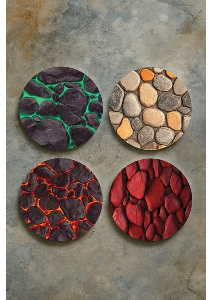 Ev Dekor Oval Pleksi Bardak Altlığı Temalı Desenli 4'lü Set Taş