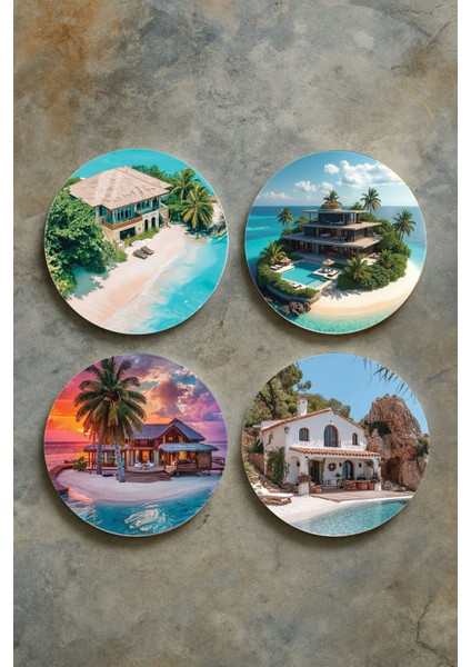 Ev Dekor Oval Pleksi Bardak Altlığı Temalı Desenli 4'lü Set Lüks Ev