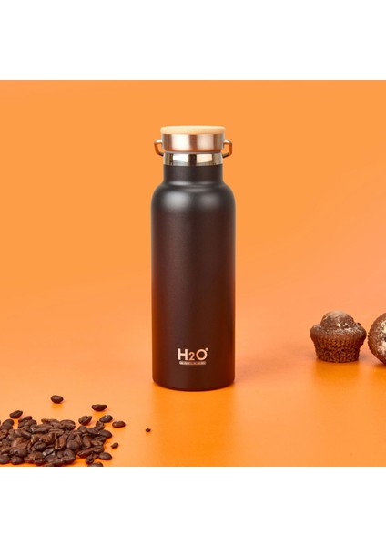 Bambu Kapaklı Çelik Termos - Siyah / Açık Kahverengi - 500 ml