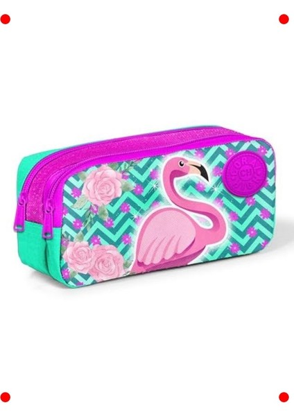 Flamingo Desenli Iki Bölmeli Kalem Çantası - Simli