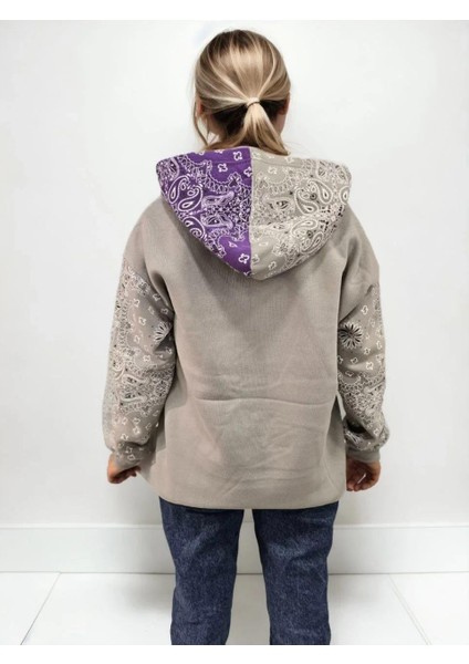 Kadın Baskılı Kapüşonlu Sweatshirt - Gri indirimleri