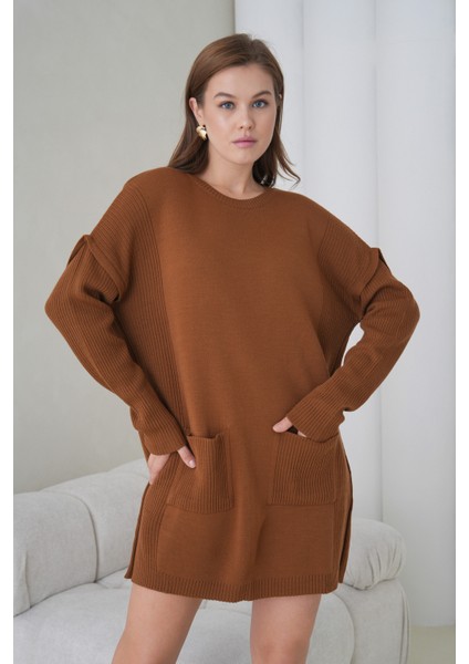 Kadın Kolları Uzun Kendinden Dokulu Bisiklet Yaka Tunik Boy Şık Kışlık Triko Kazak Cepli Elbise