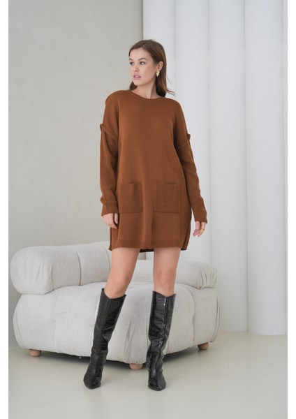 Kadın Kolları Uzun Kendinden Dokulu Bisiklet Yaka Tunik Boy Şık Kışlık Triko Kazak Cepli Elbise fiyatları