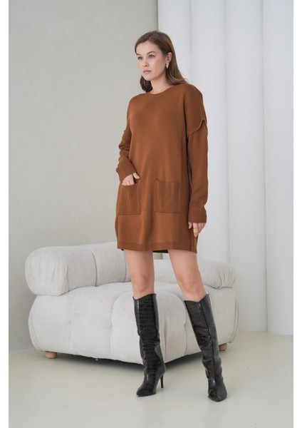 Kadın Kolları Uzun Kendinden Dokulu Bisiklet Yaka Tunik Boy Şık Kışlık Triko Kazak Cepli Elbise modelleri