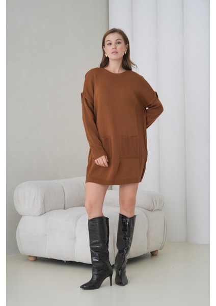 Kadın Kolları Uzun Kendinden Dokulu Bisiklet Yaka Tunik Boy Şık Kışlık Triko Kazak Cepli Elbise fırsatları