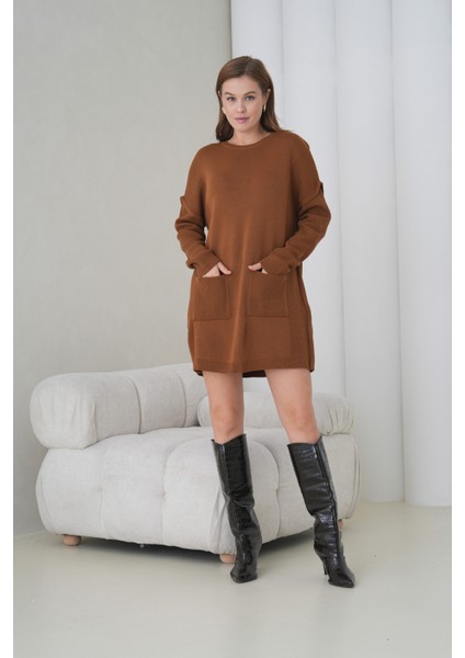 Kadın Kolları Uzun Kendinden Dokulu Bisiklet Yaka Tunik Boy Şık Kışlık Triko Kazak Cepli Elbise indirimleri