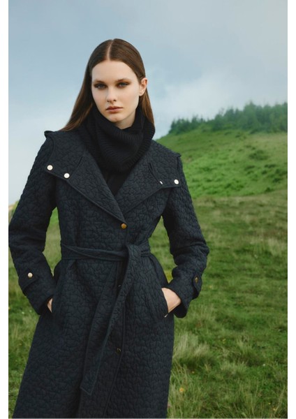 Kapüşonlu Desenli Kuşaklı Giy-Çık Siyah 13976