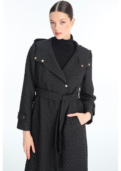 Kapüşonlu Desenli Kuşaklı Giy-Çık Siyah 13976 fırsatları