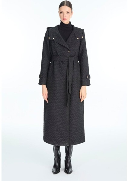 Kapüşonlu Desenli Kuşaklı Giy-Çık Siyah 13976