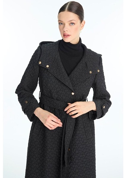 Kapüşonlu Desenli Kuşaklı Giy-Çık Siyah 13976