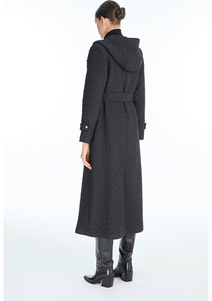 Kapüşonlu Desenli Kuşaklı Giy-Çık Siyah 13976