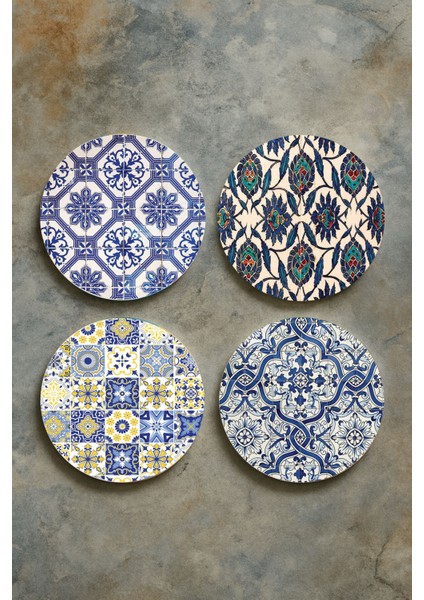 Ev Dekor Oval Pleksi Bardak Altlığı Temalı Desenli 4'lü Set Çini