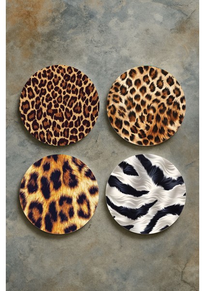 Ev Dekor Oval Pleksi Bardak Altlığı Temalı Desenli 4'lü Set Leopar