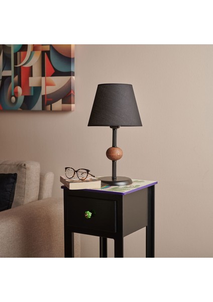 Light Ahşap Detaylı Metal Abajur - Siyah - 43X25X25 cm