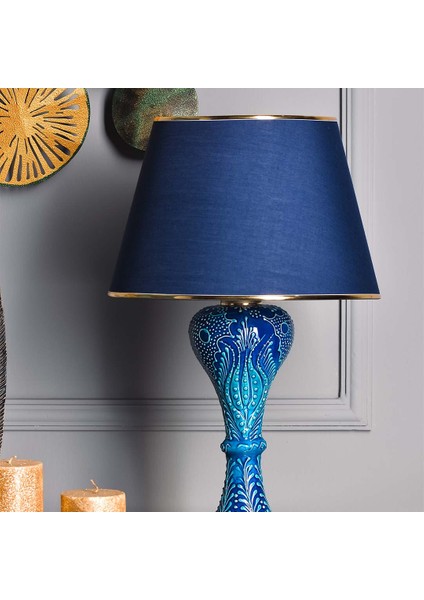 Light Gordion Çini Detaylı Seramik Abajur - Mavi Şapka / Gold Ayak