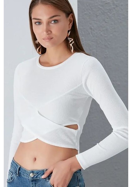 Önü Çapraz Tasarım Crop Uzun Kol Kaşkorse Bluz