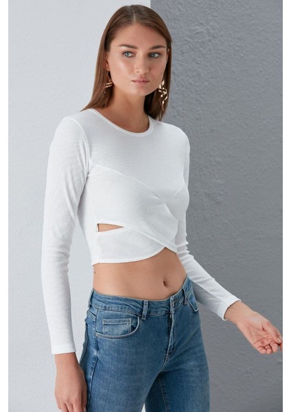 Önü Çapraz Tasarım Crop Uzun Kol Kaşkorse Bluz fırsatları