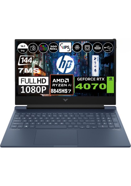 Victus 16 Amd Ryzen 7 8840H 16GB Ddr5 512GB SSD RTX4070 (8gb) 144Hz 7ms 300NİT 16.1 Inç WINDOWS11 Fullhd Gaming Laptop A05N7EA