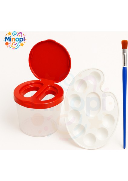 Sulu Boya Seti 3'lü Set ( Kırmızı Su Kabı + Resim Paleti + Fırça ) Anaokulu Resim Malzemesi Kreş