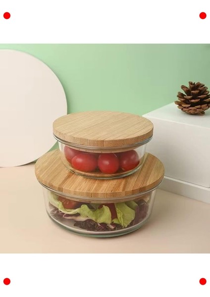 Bambu Kapaklı Vakumlu Cam Saklama Kabı - 525 ml Yuvarlak indirimleri