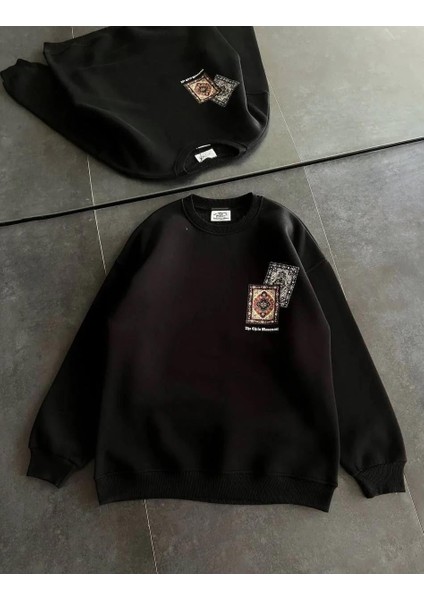 Kadın Bisiklet Yaka Baskılı Sweatshirt - Siyah